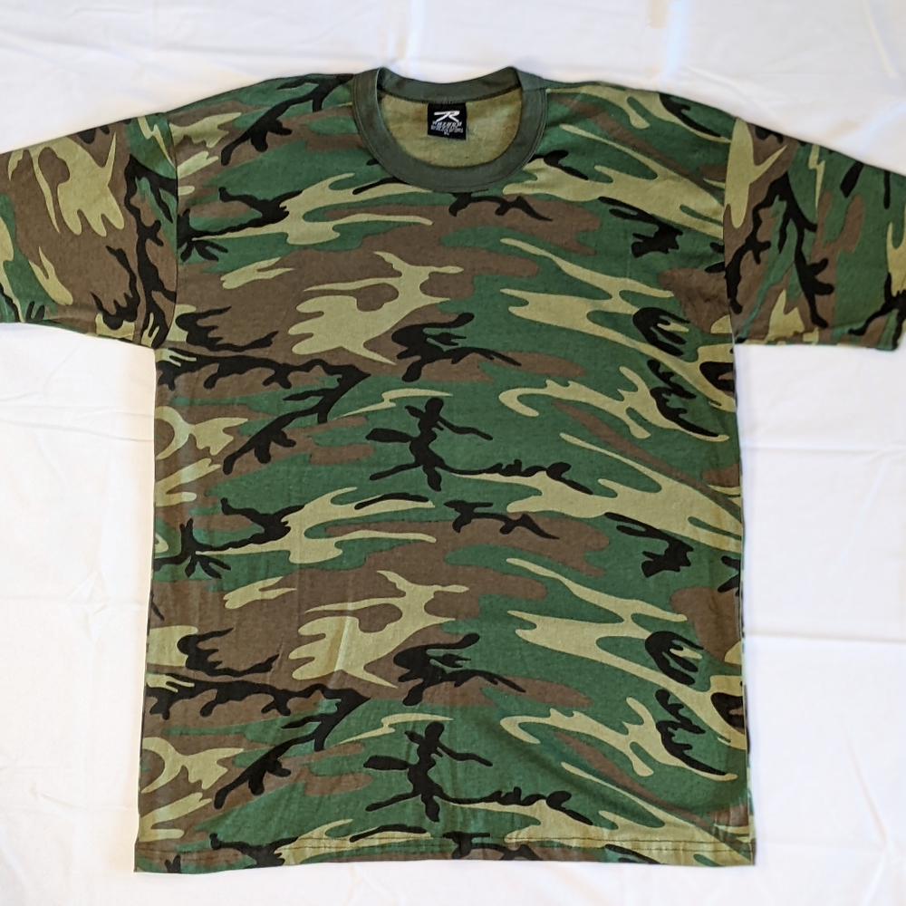 Vintage 90s ROTHCO Woodland Camo Hunting Green Military Tactical Casual XL Shirt